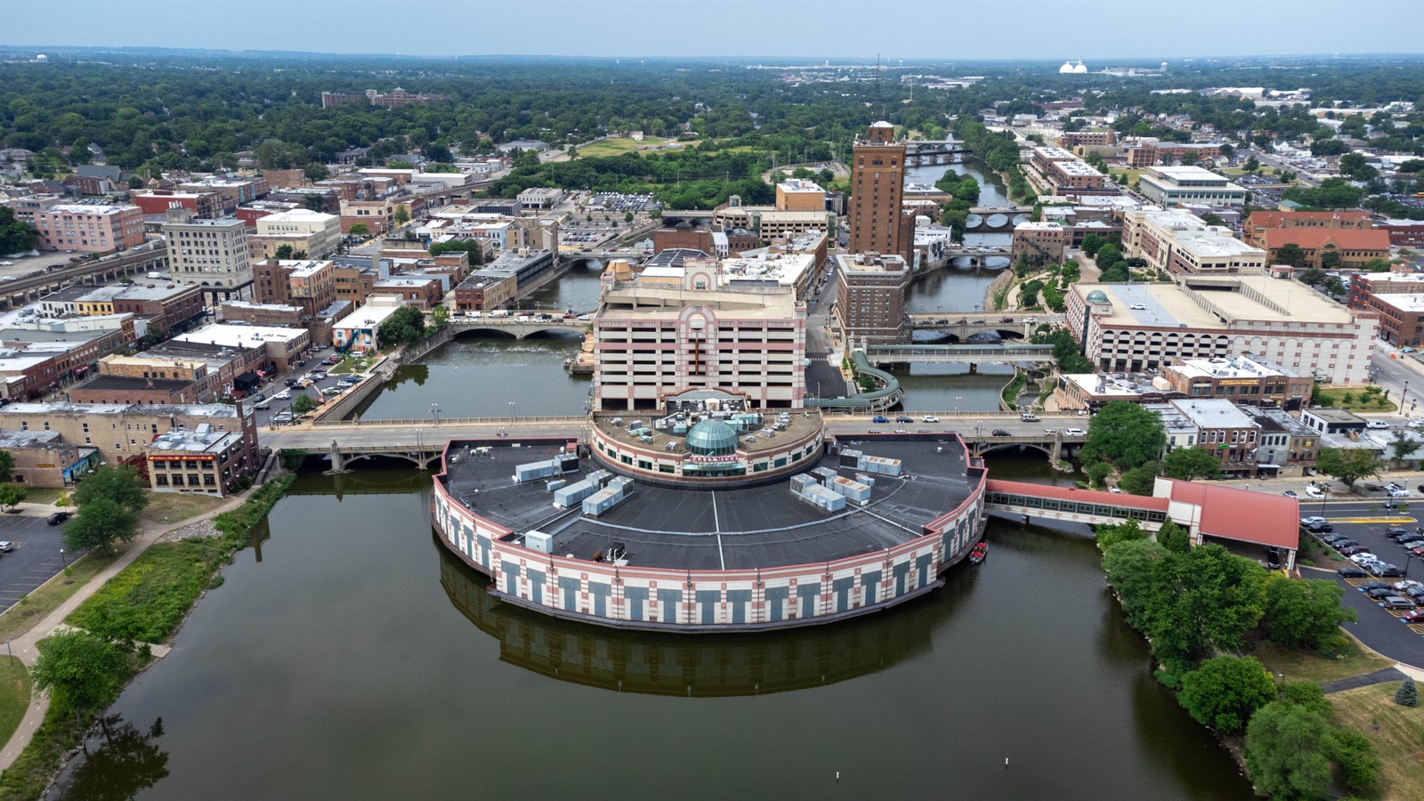 Downtown Aurora skyline along the Fox River