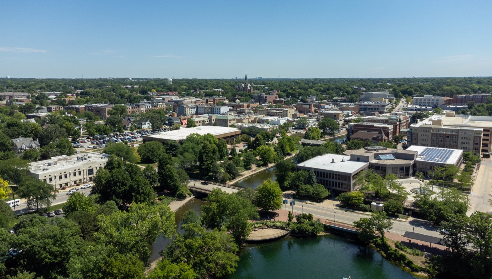 Aerial view of downtown Naperville and the Riverwalk