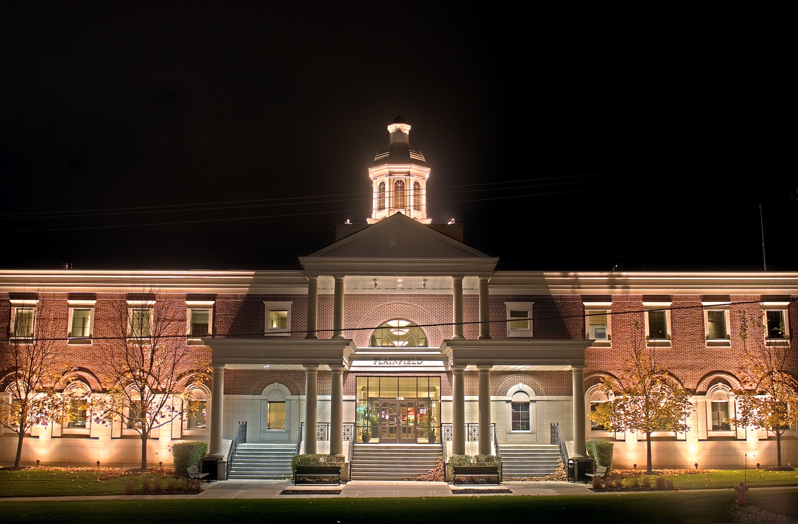 Plainfield Village Hall lit at night